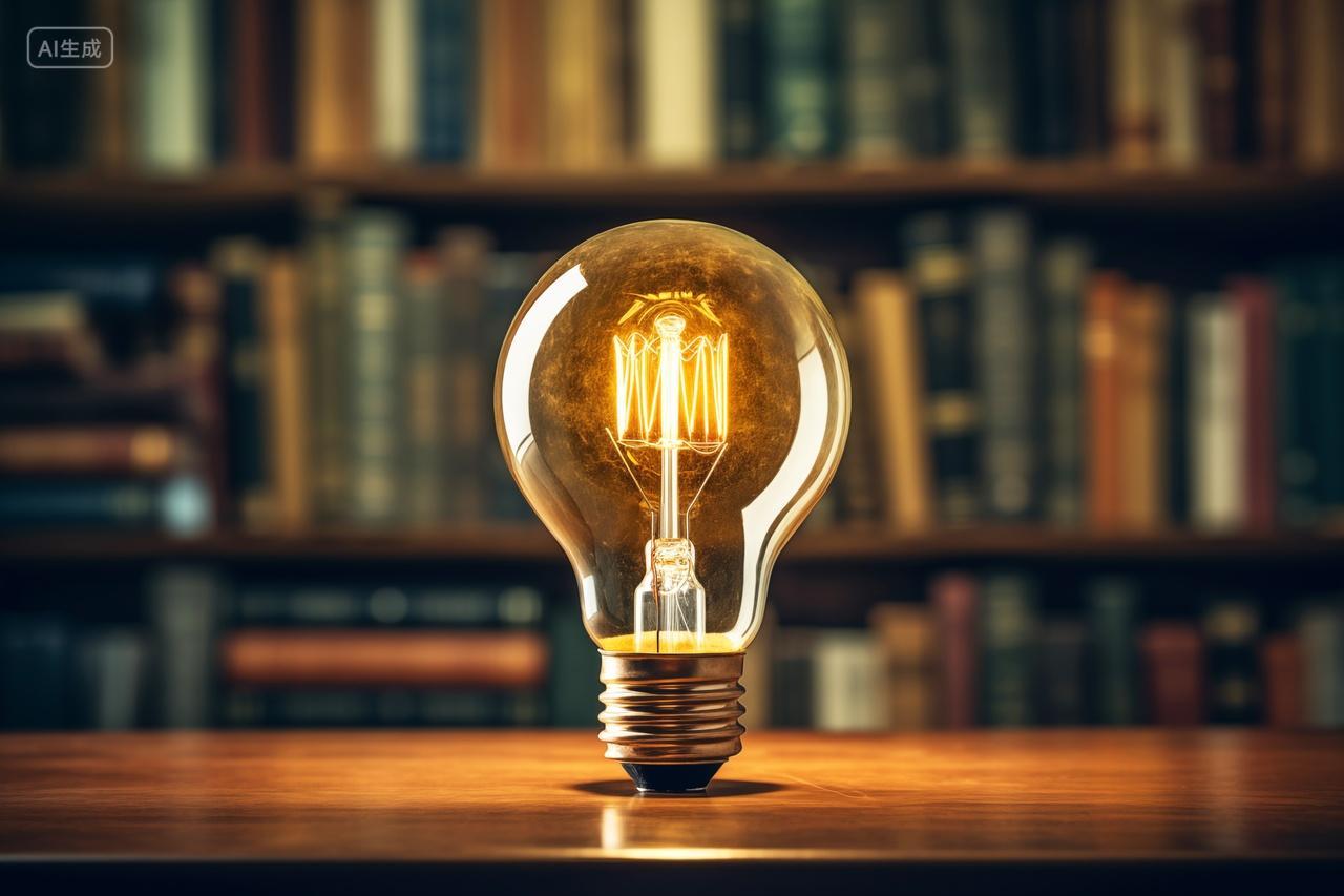 桌子上一个发光的灯泡创意