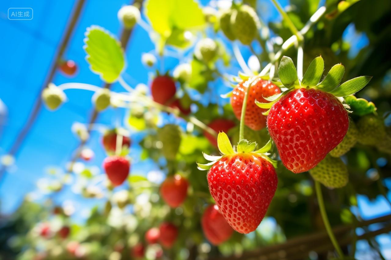 阳光下田园种植草莓新鲜果蔬