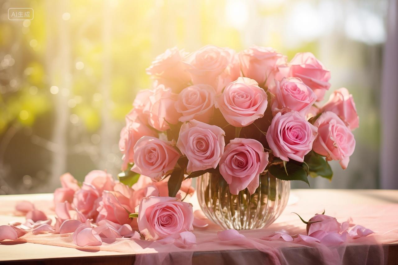 逆光窗帘边粉红玫瑰花束情人节情人节七夕520