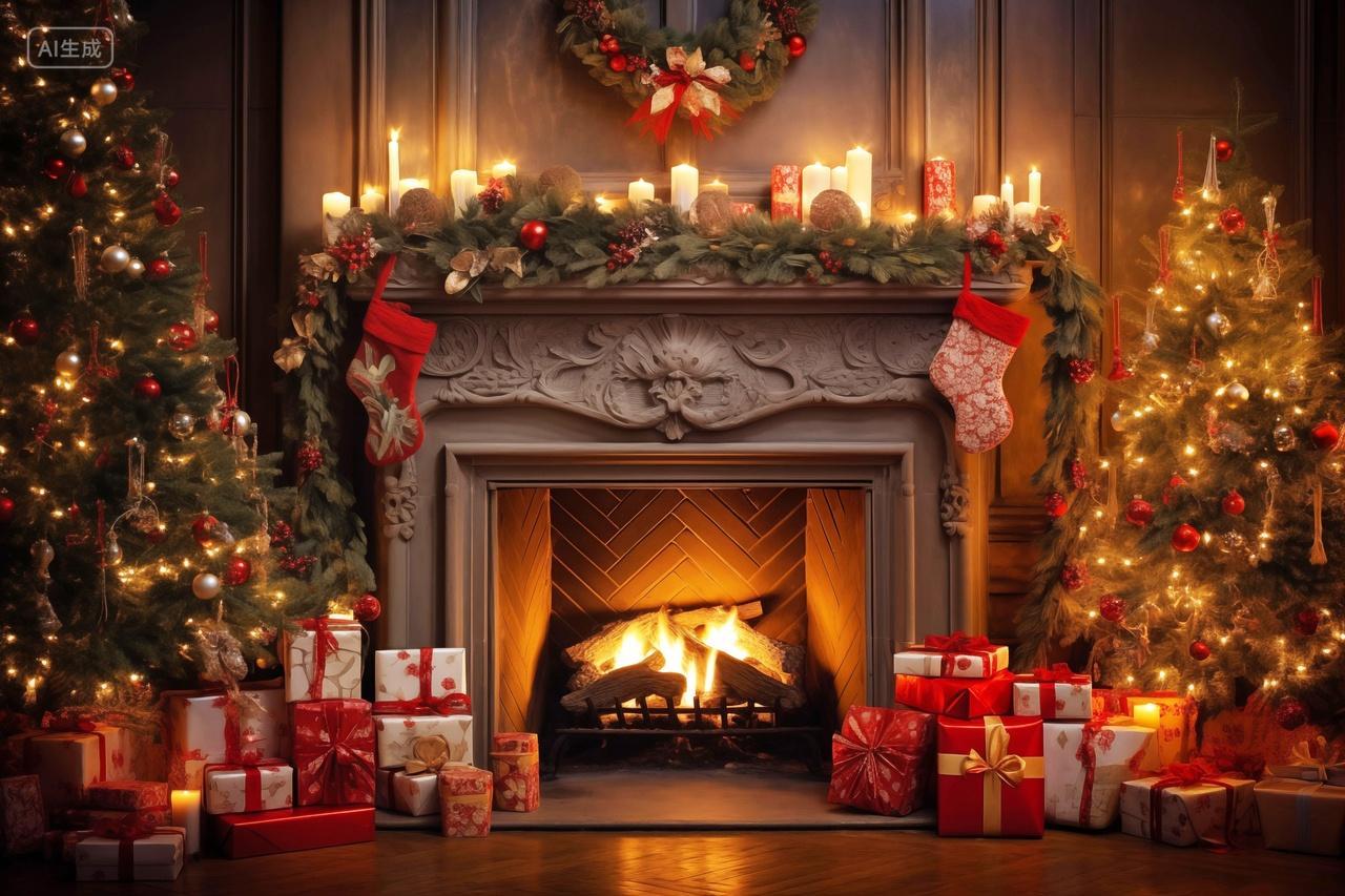 圣诞夜壁炉旁的圣诞礼物圣诞节