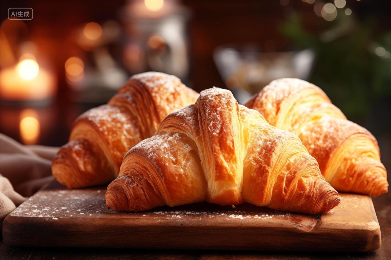 酥脆可口的三个法式牛角面包甜品蛋糕