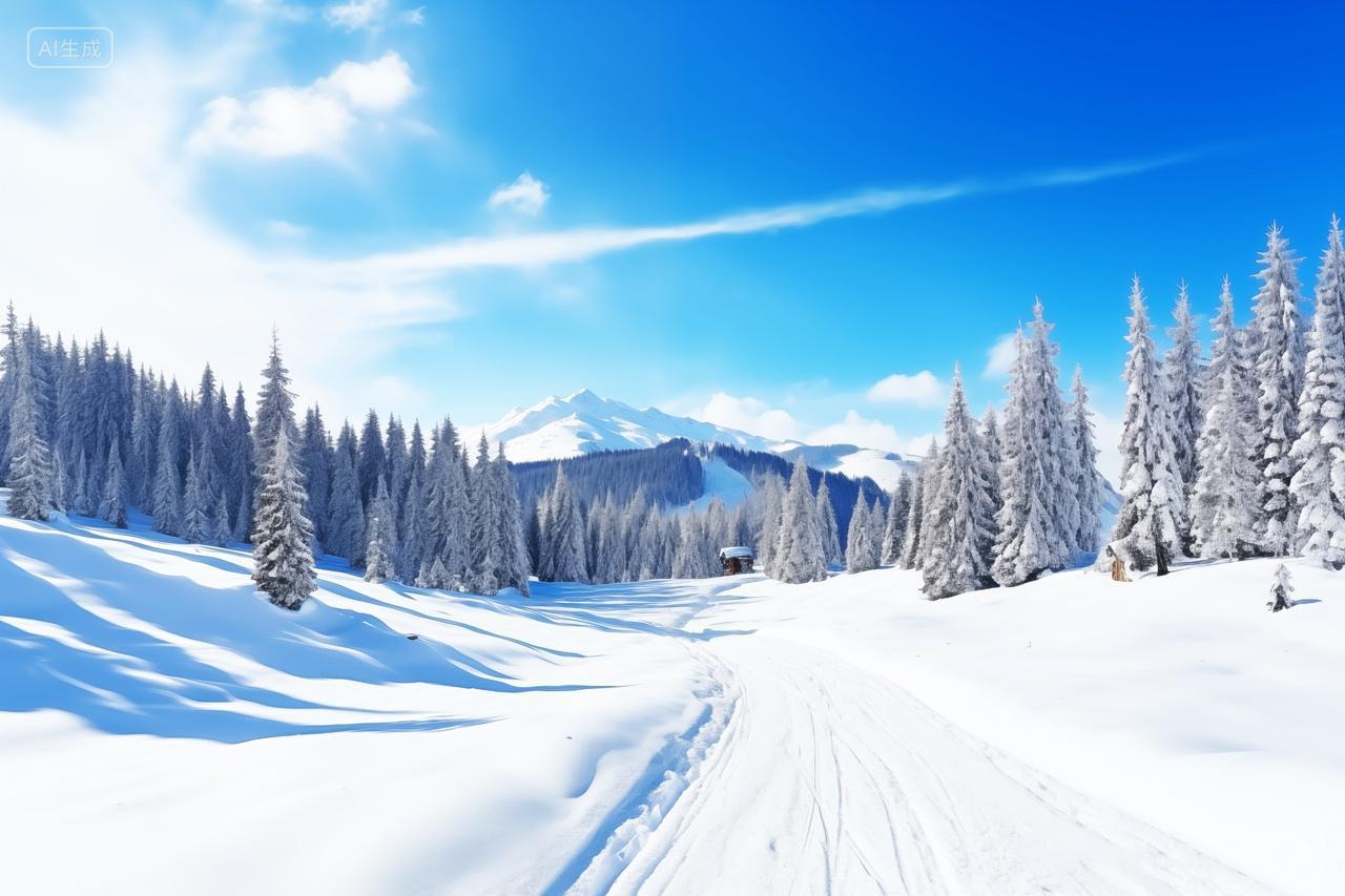 蓝色天空下的冬天唯美雪景