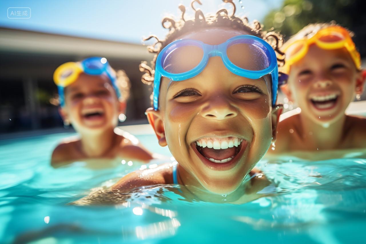 阳光下三个男孩子泳池派对旅游度假