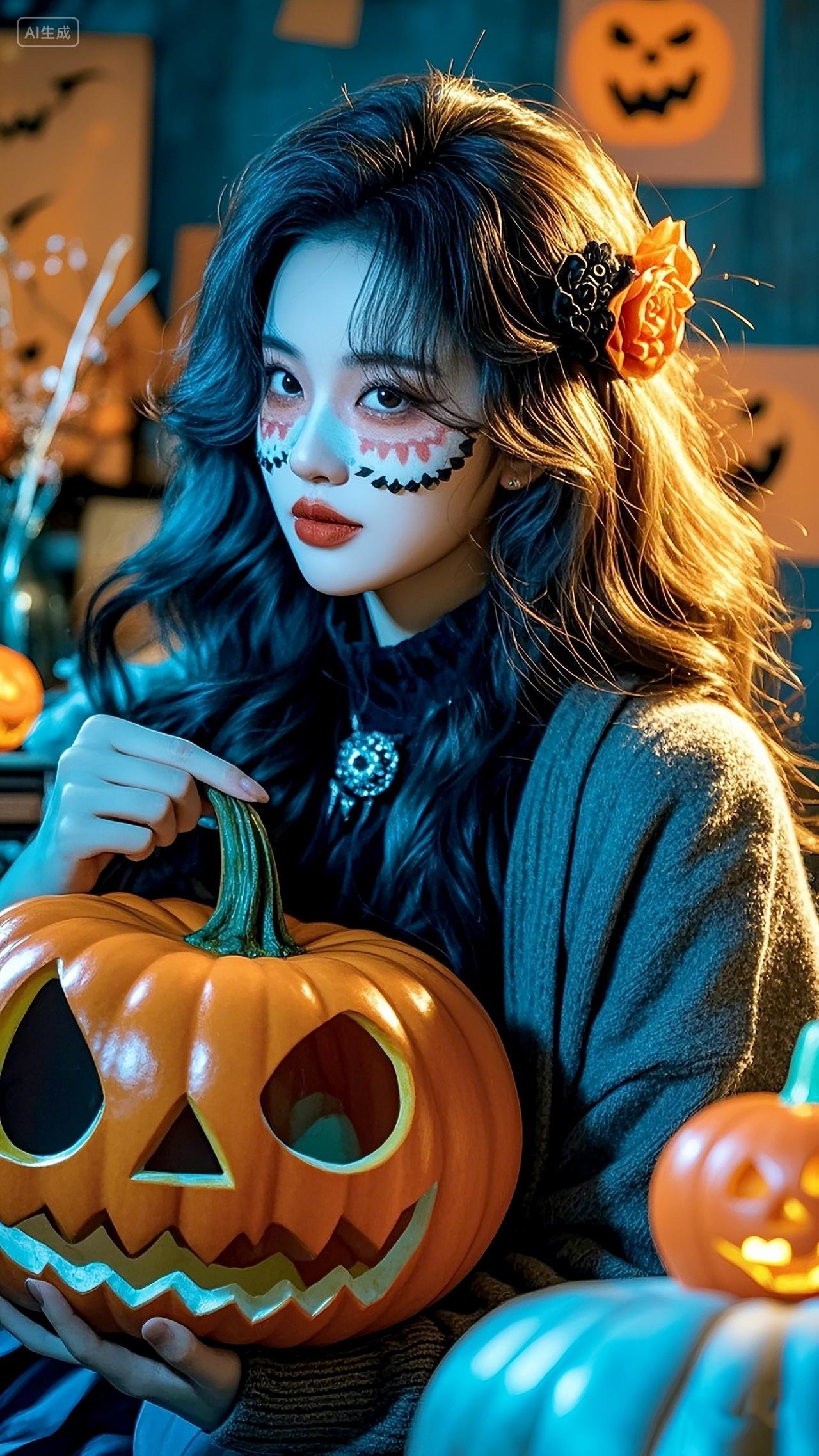 一个画着万圣节装扮的女人手里拿着一个南瓜灯