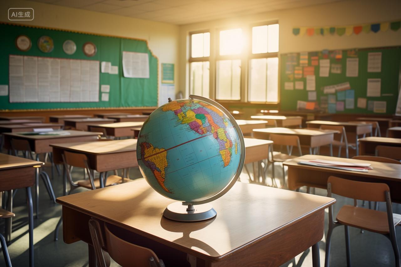 阳光明媚空荡荡的教室地球仪