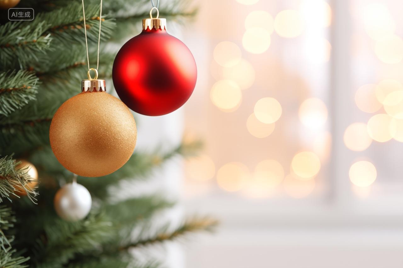 圣诞树上的金色和红色装饰球节日假日