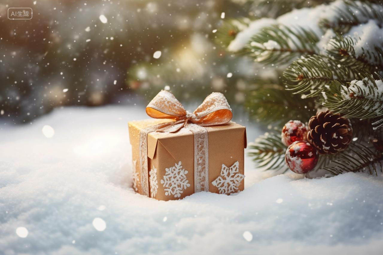 冬日雪地里的黄色礼物盒节日假日