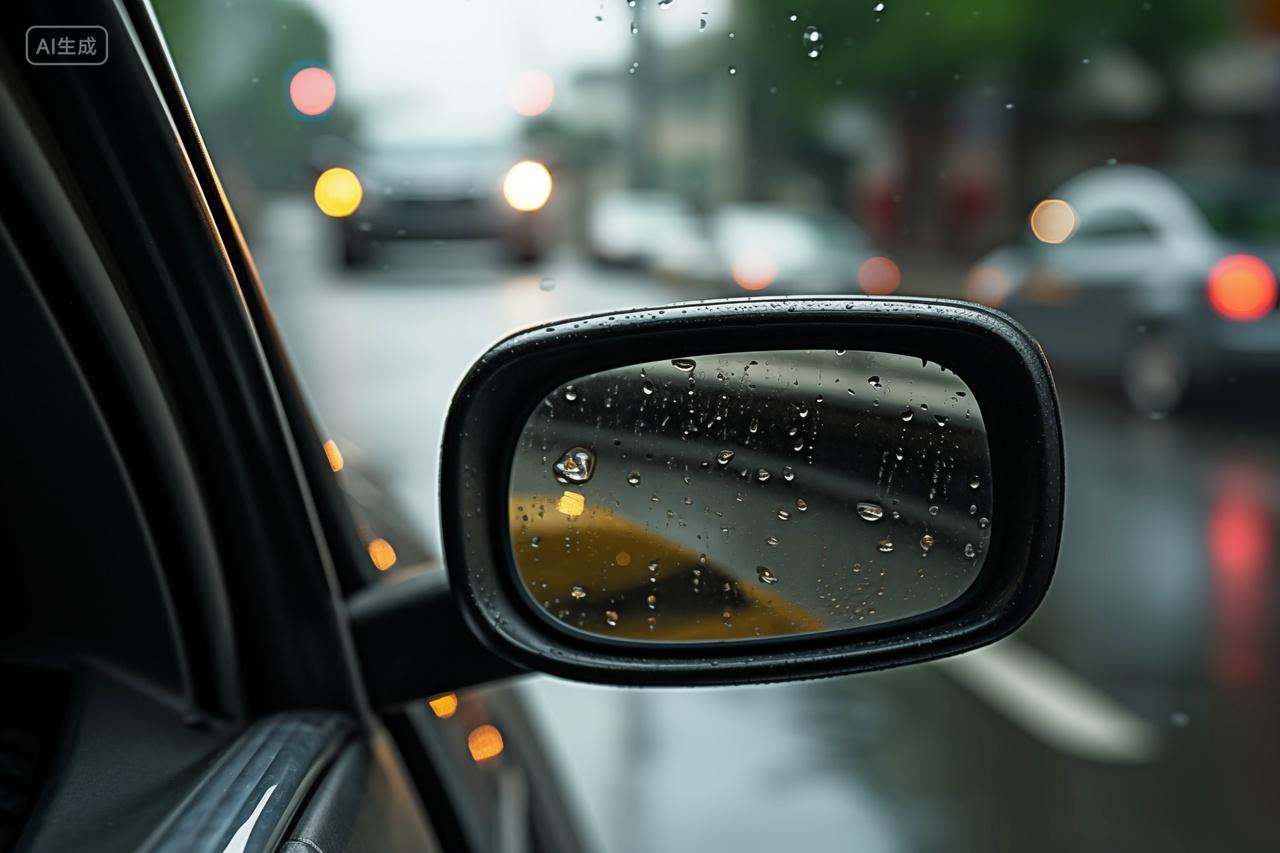 雨天车窗后视镜的城市倒影汽车产品