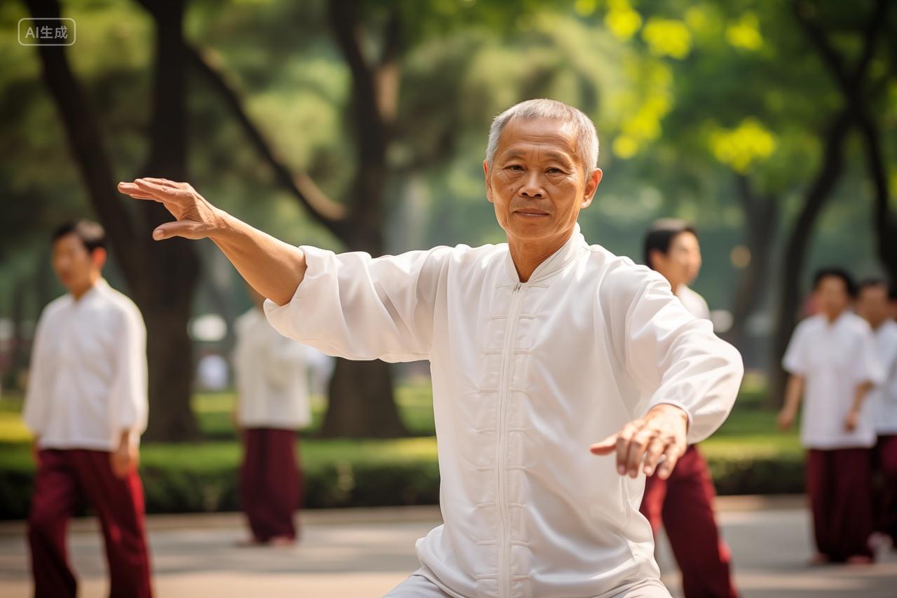 户外公园老人晨练太极拳健身保养