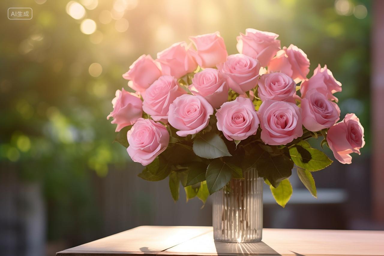 夕阳下桌子摆放粉色玫瑰花束瓶子家庭家居