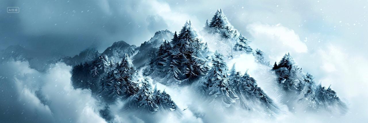 冬日的森林和山脉被一层厚厚的冰雪覆盖自然唯美插画素材