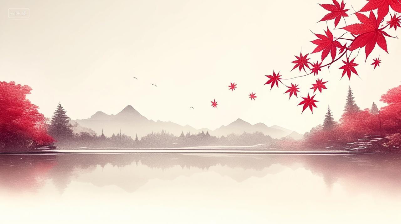 秋季红叶远山湖泊宁静传统中国水墨画秋分秋天立秋古风国风插画
