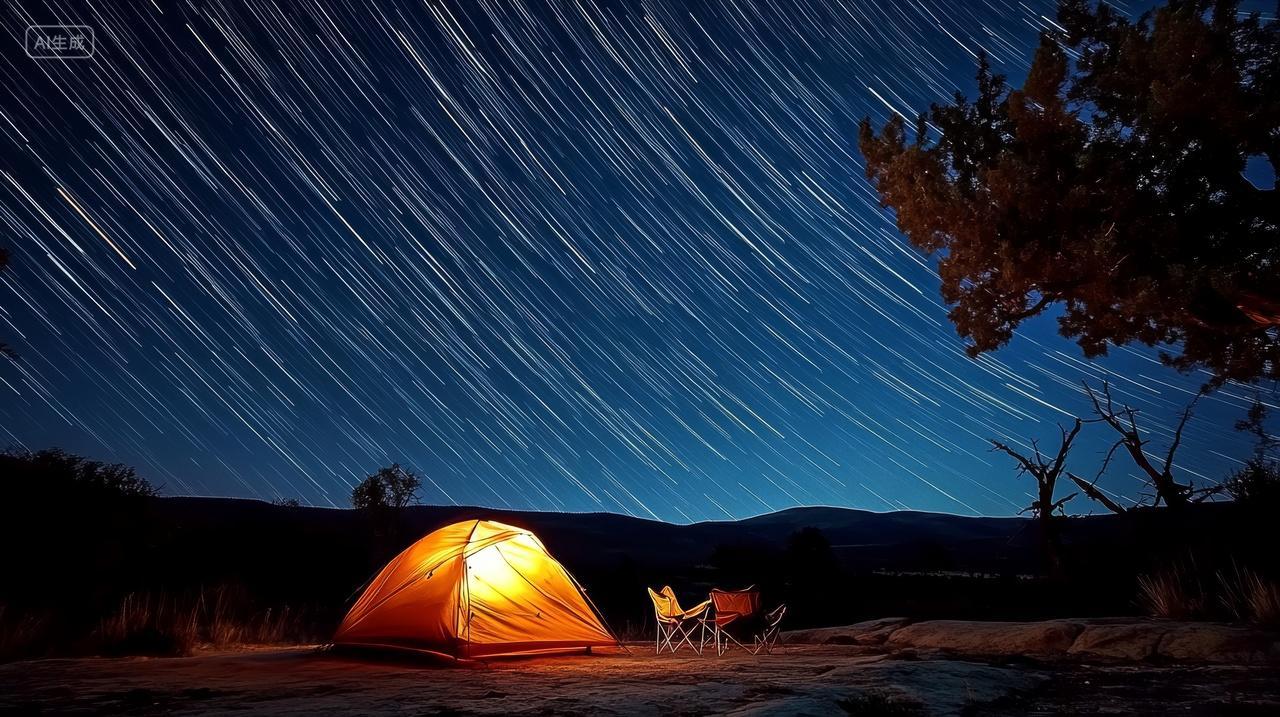 星空下的露营夜空下帐篷椅子