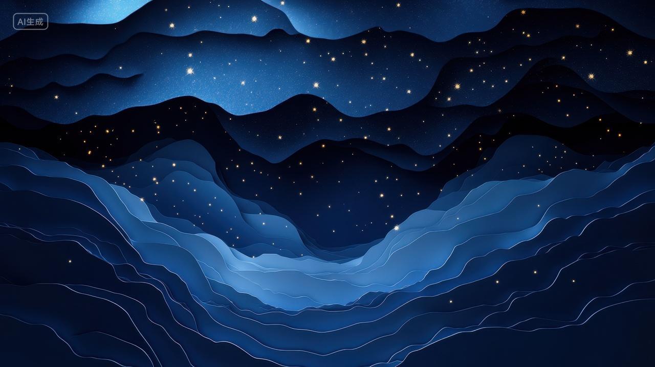 剪纸风星夜云层与层峦叠嶂的山峰