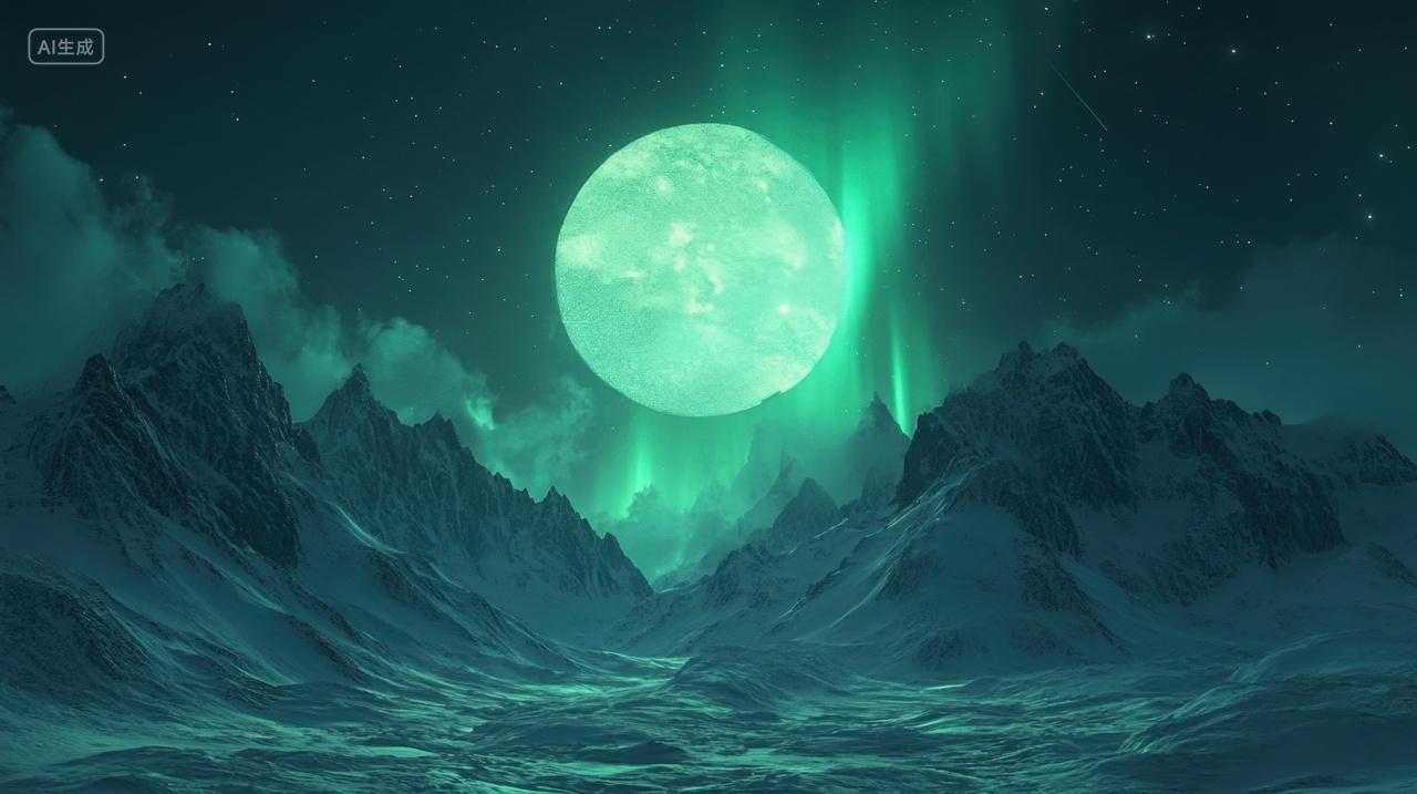 冰雪奇境下的梦幻月色与绿色极光