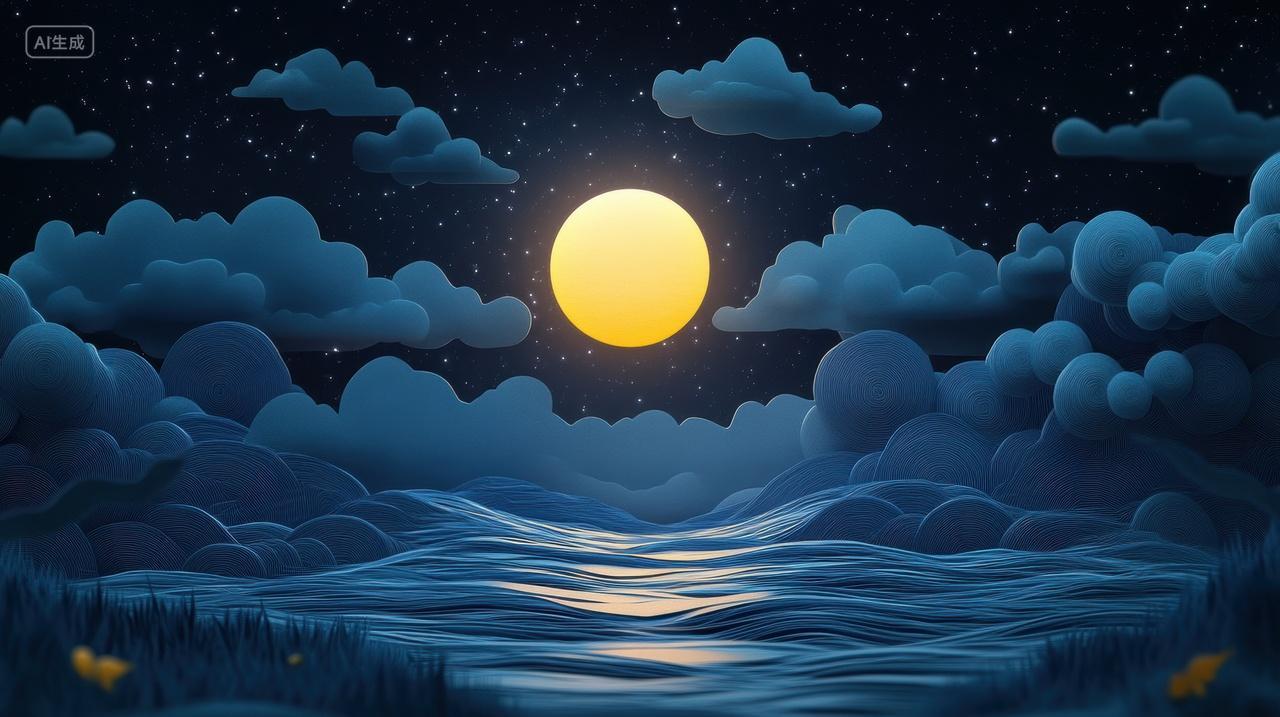 月色下的云朵与海面