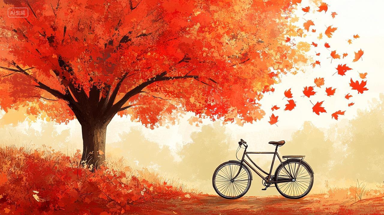 枫树下停放的自行车宁静而唯美的秋日氛围