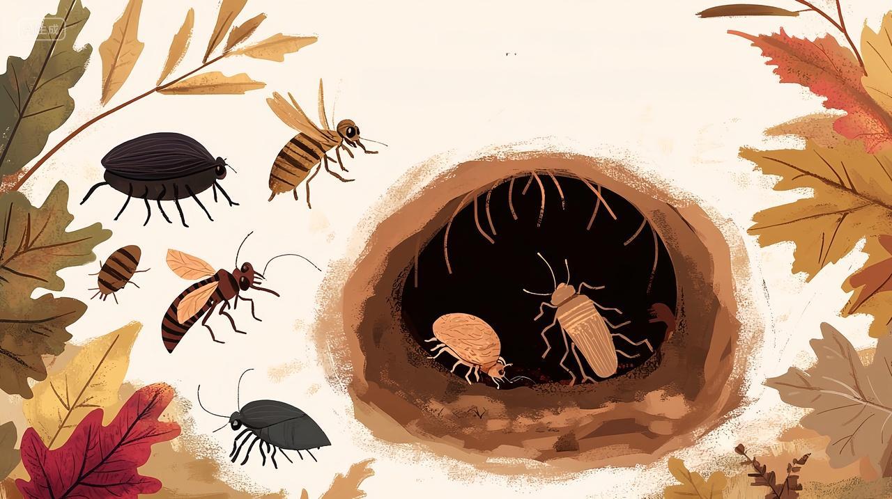 霜降节气插画是昆虫藏匿地下洞穴的场景