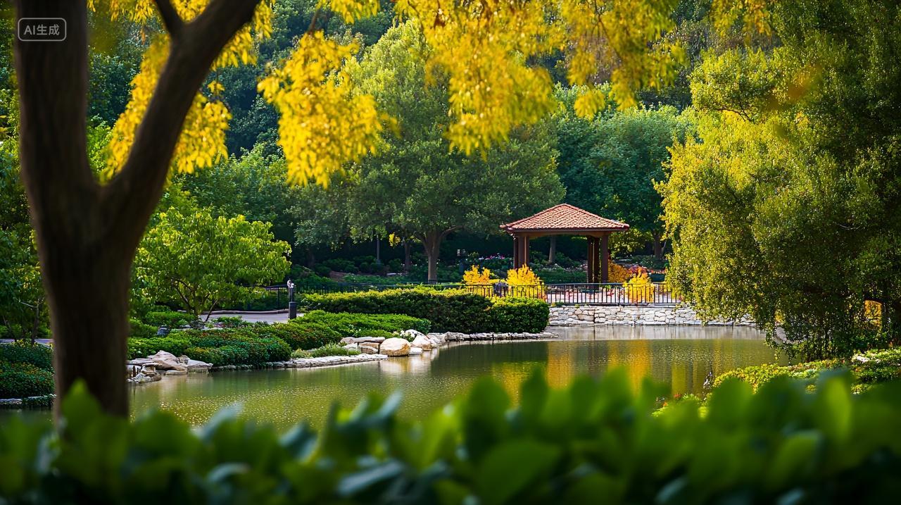 公园花园湖边亭台楼阁亭子湖泊树林树木自然风景