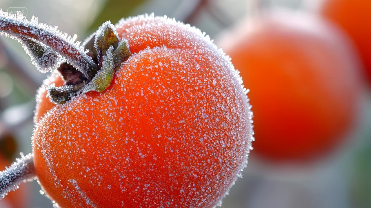 霜降时节柿子被一层薄薄的霜覆盖仿佛披上了一层糖衣