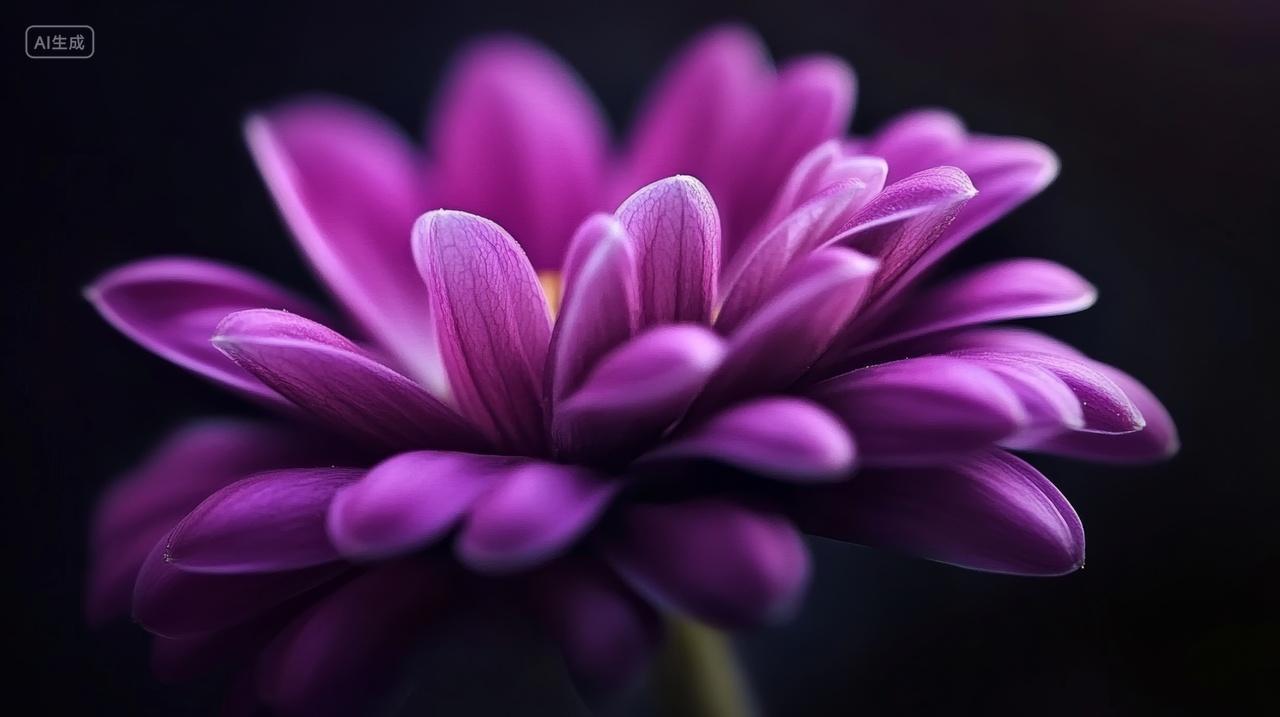 黑色背景下紫色花瓣的绽放花瓣的紫色光影淡泊清廉