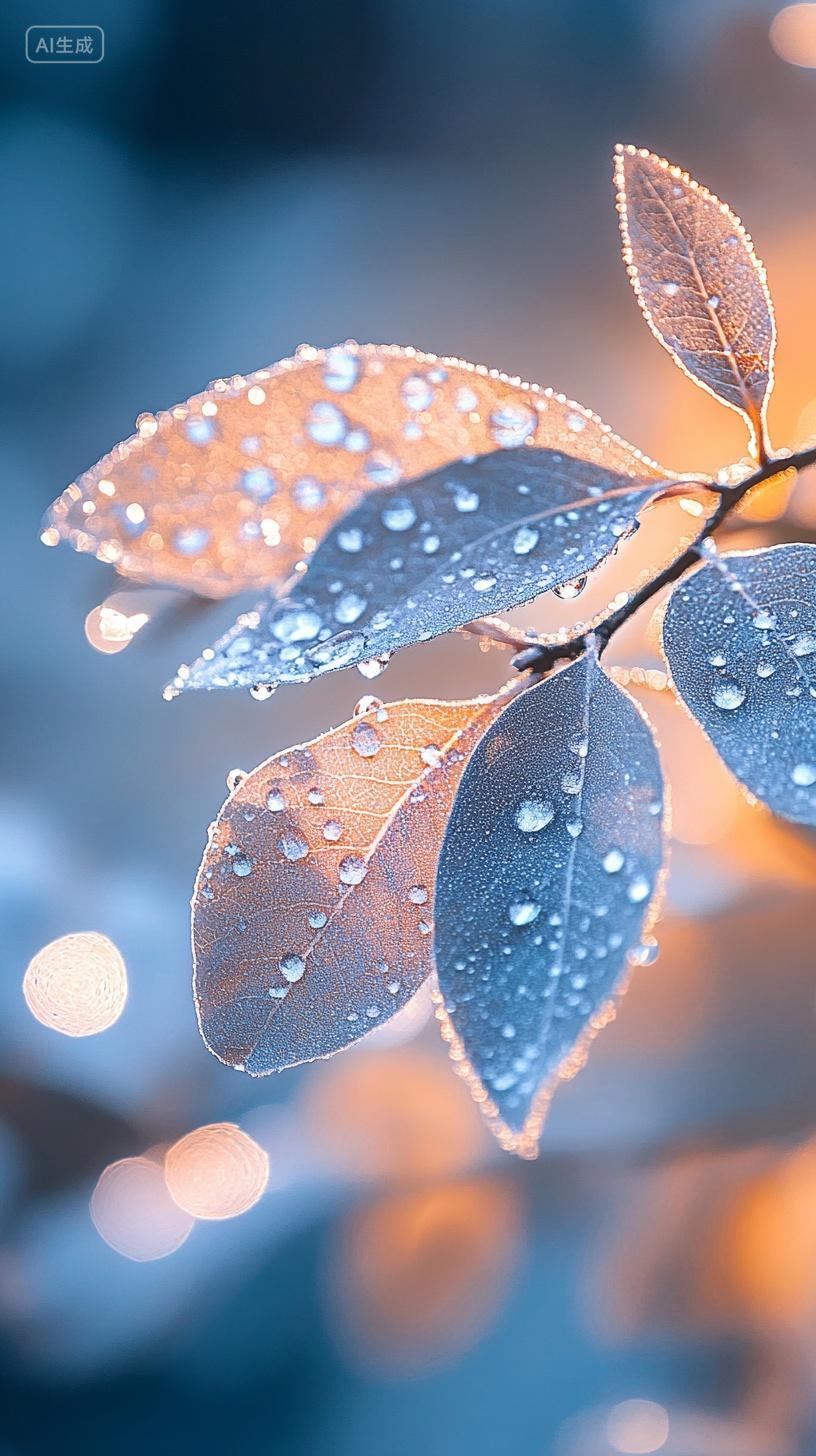 霜降节气带着露珠的秋叶