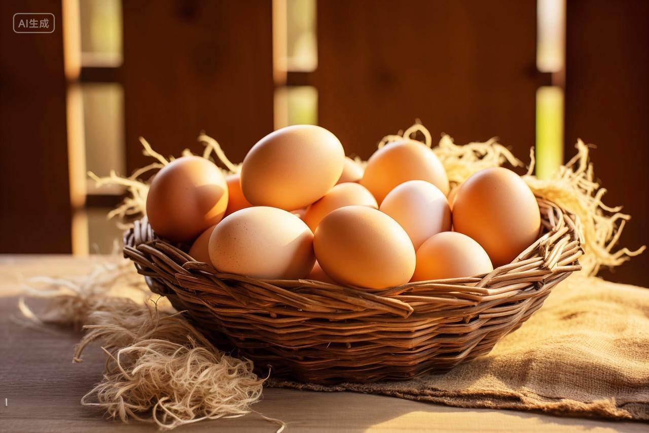 桌子上一筐新鲜的土鸡蛋食材