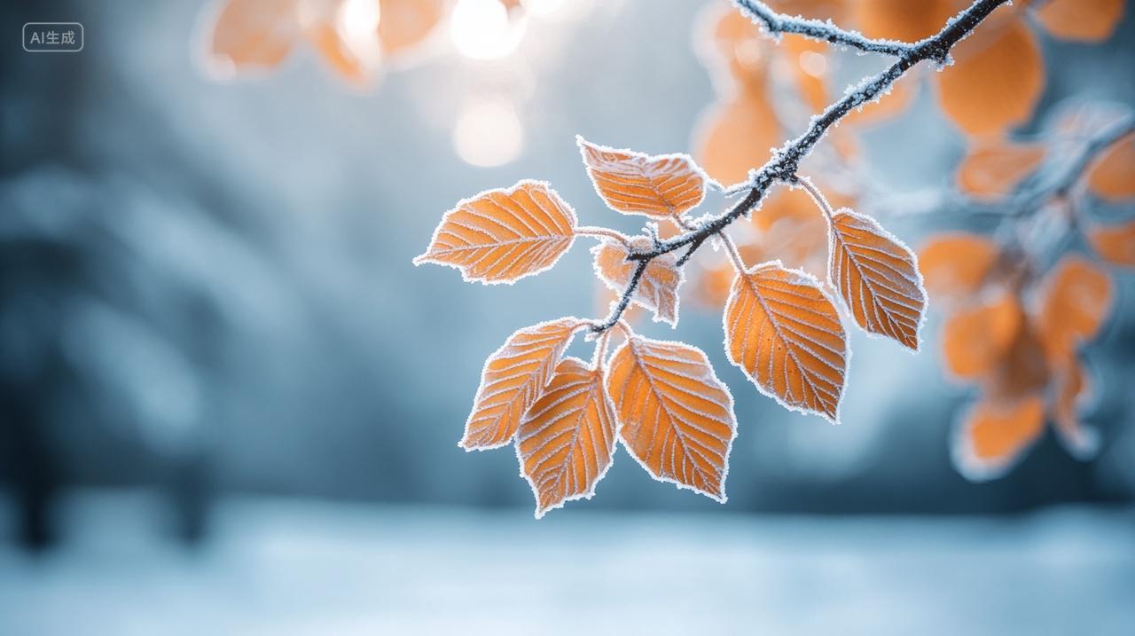 树叶上覆盖着霜雪霜降节气