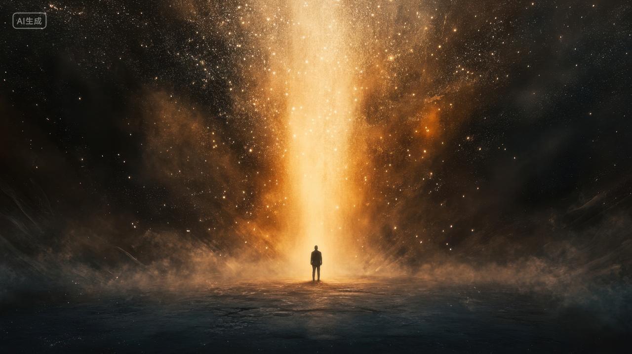 站在金色光柱下的人物背景