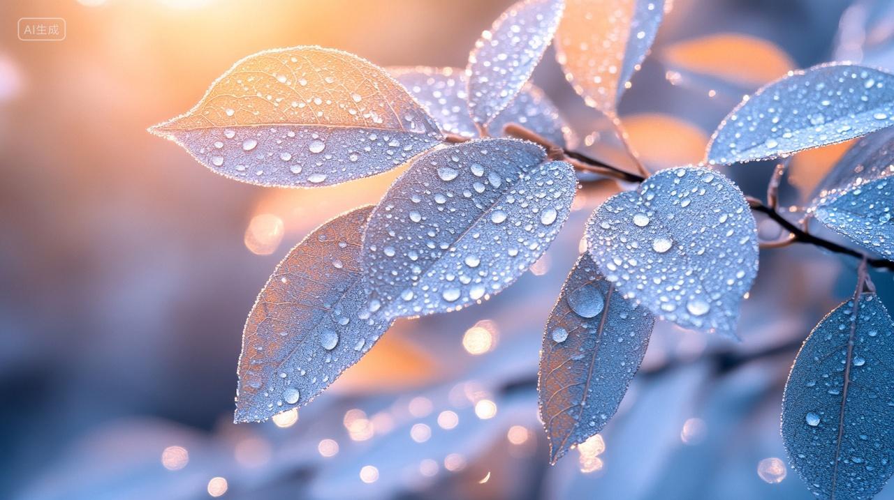 挂满露珠的树叶秋分霜降二十四节气