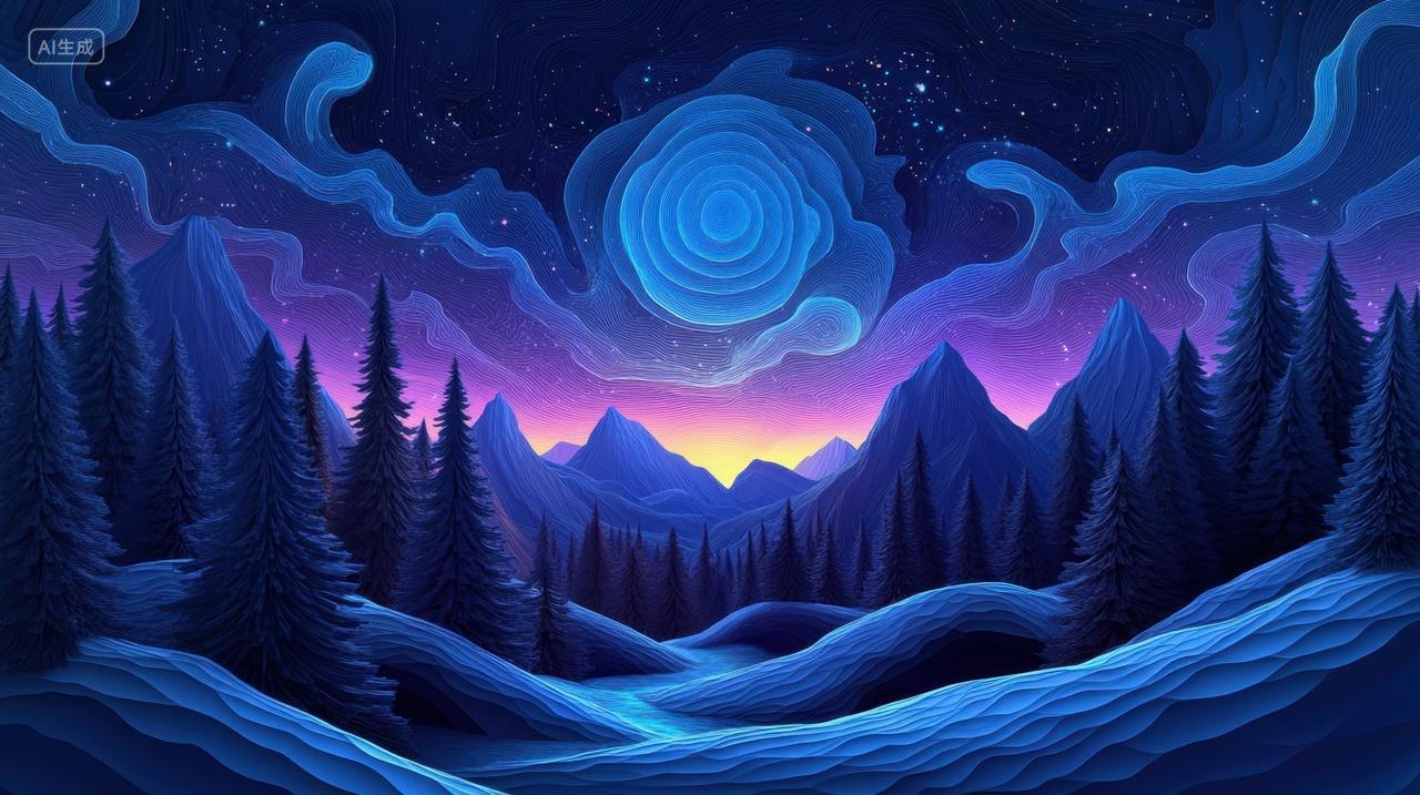 奇幻抽象梦幻星空下的山峦