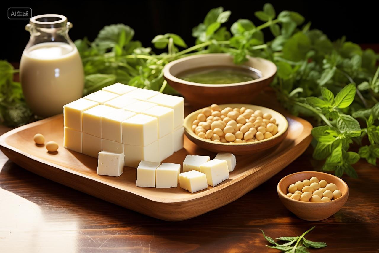 桌子上的豆制品豆腐和豆奶黄豆