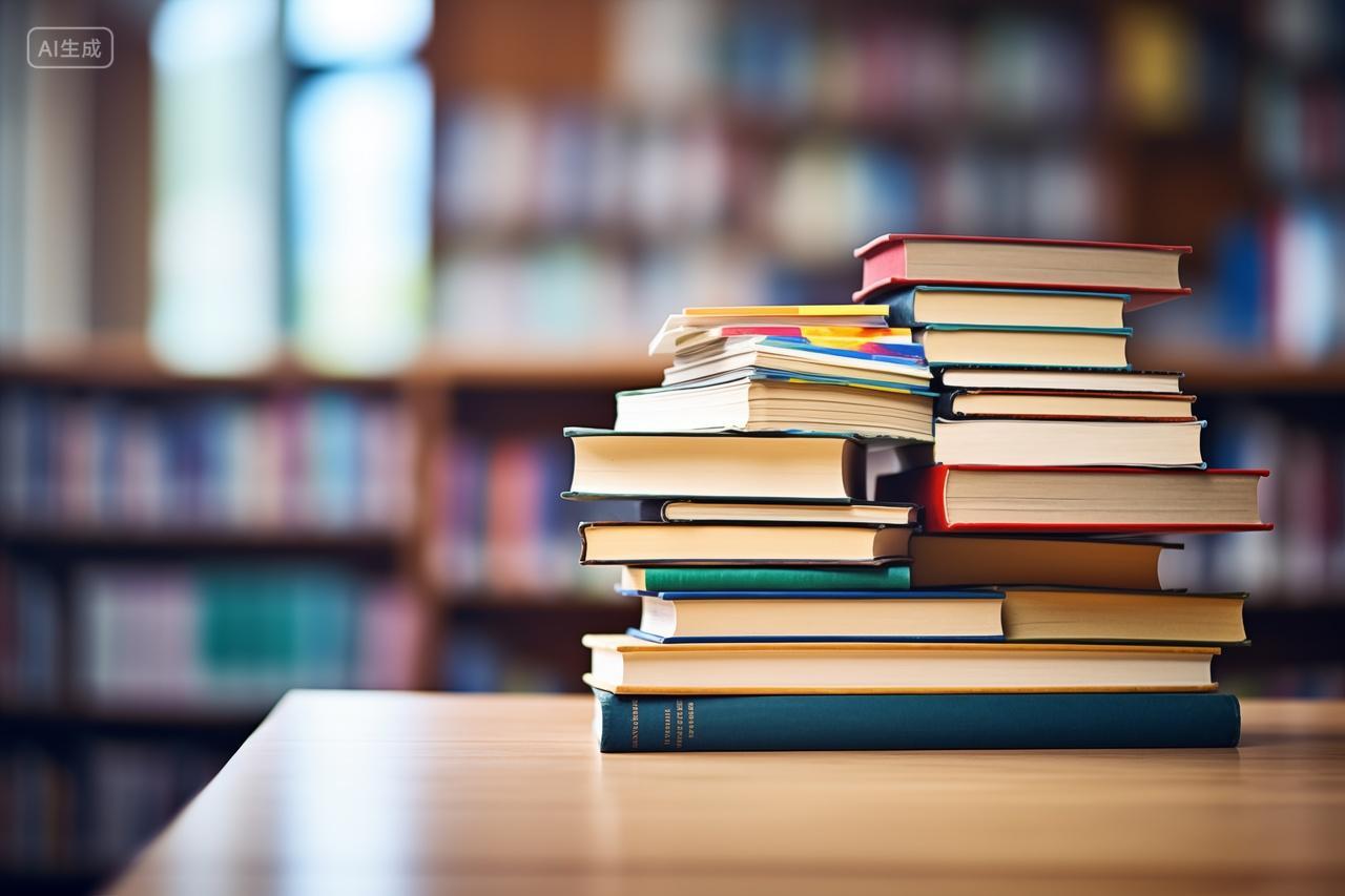 模糊背景上一摞书本世界读书日