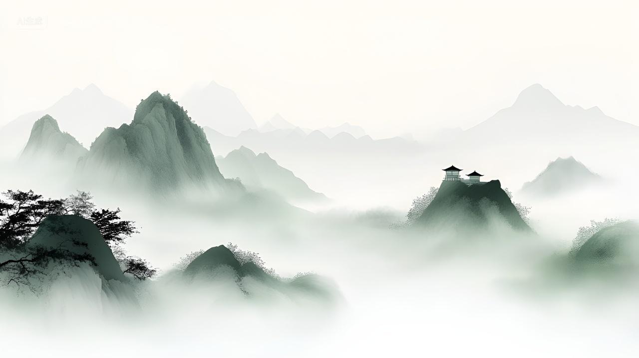 中国风山水画水墨画风景图高山云海仙境古风插画