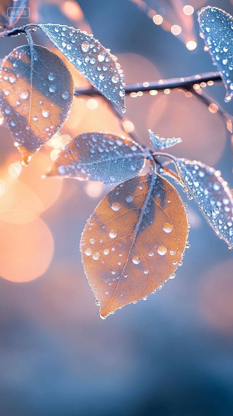 挂满露珠的枝叶霜降