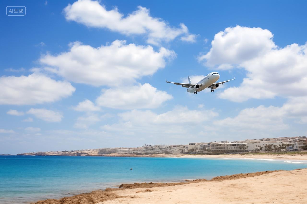 海滩上空飞机起飞降落旅行旅游