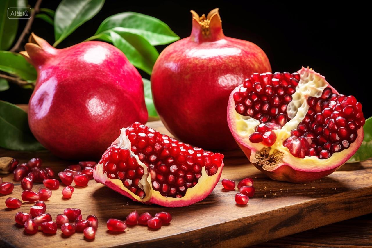 桌子上掰开的红色软籽石榴水果宣传