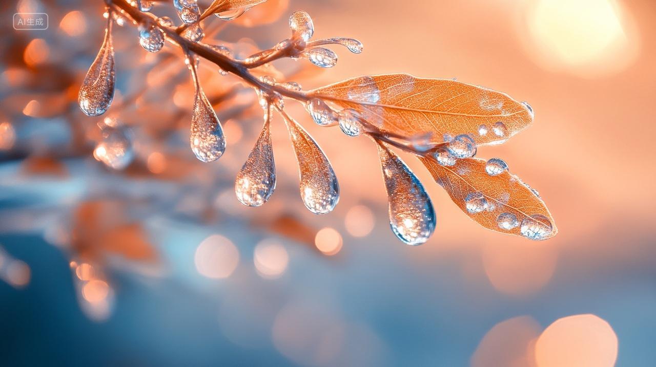 秋天挂满水滴的枝叶霜降节气