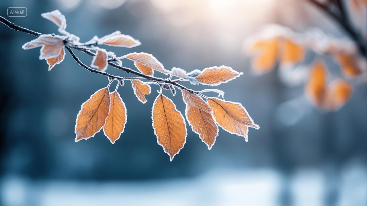 树叶上覆盖着霜雪霜降节气