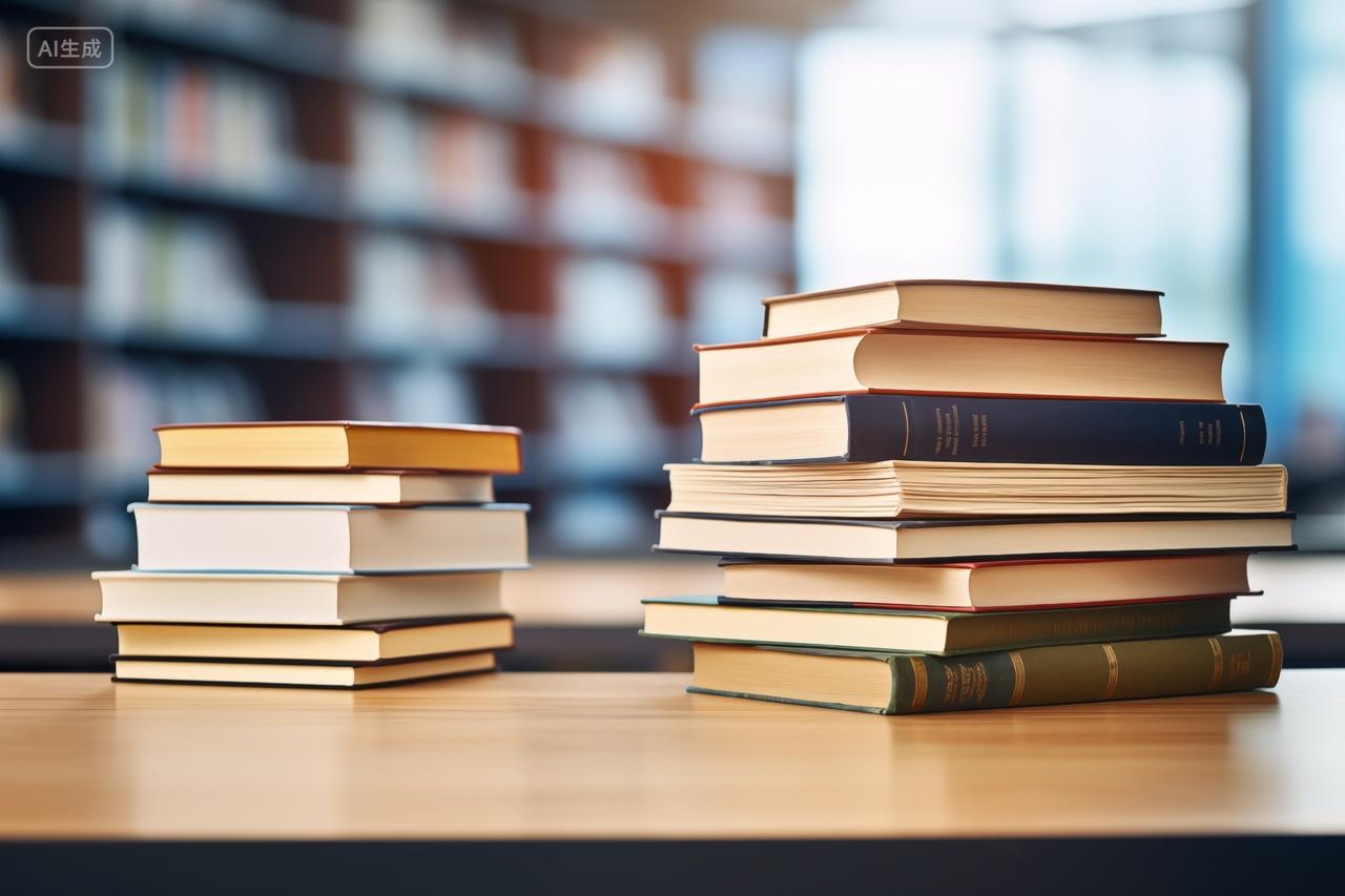 图书馆桌子上的两摞书本