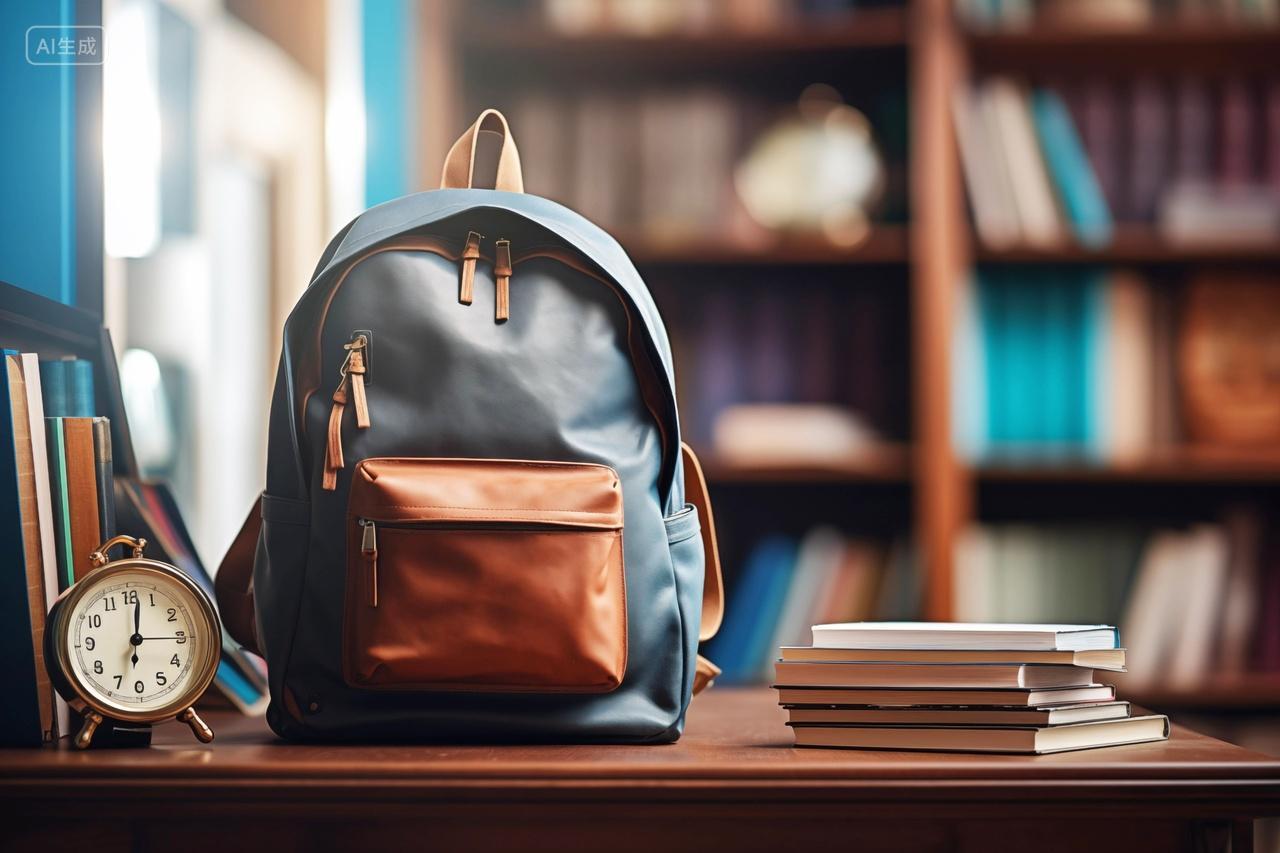 图书馆桌上的书包书本和闹钟