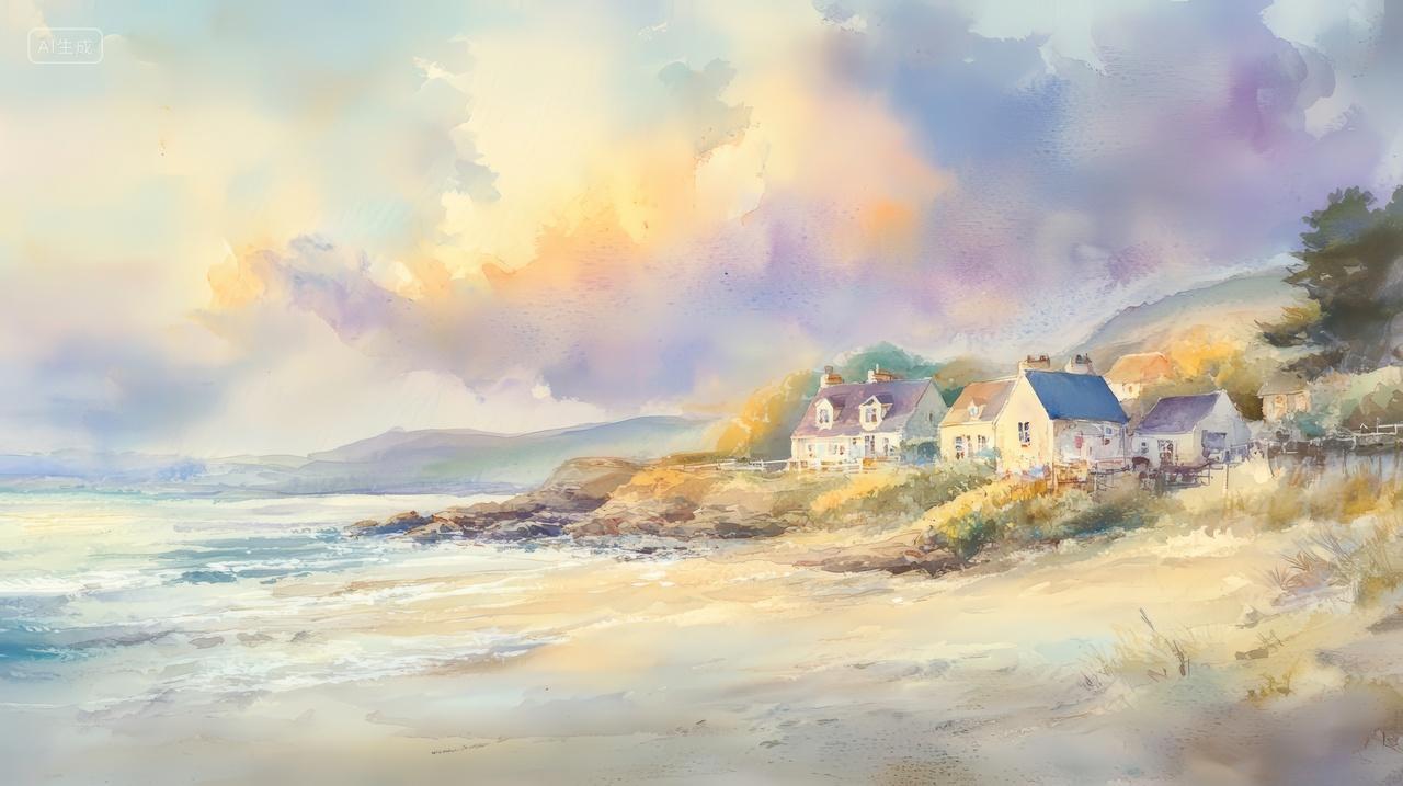 宁静海滨画作描绘海边小屋和海浪