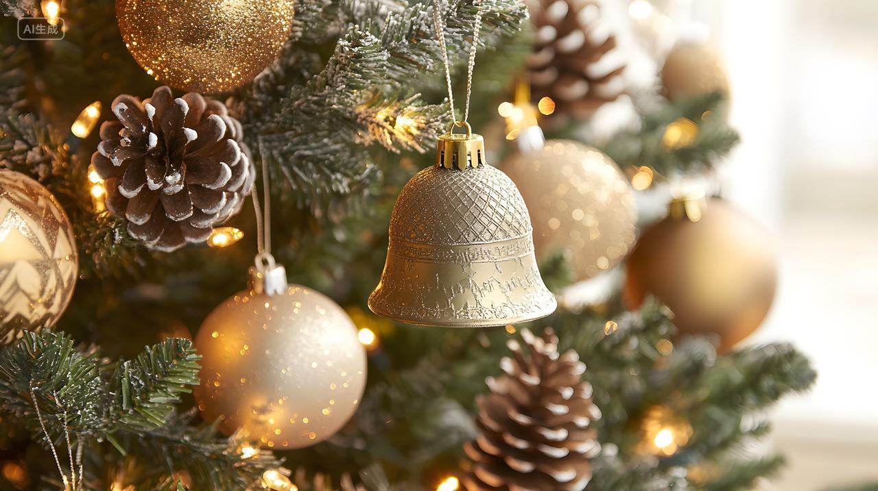 圣诞树上的金色铃铛与松果节日装饰