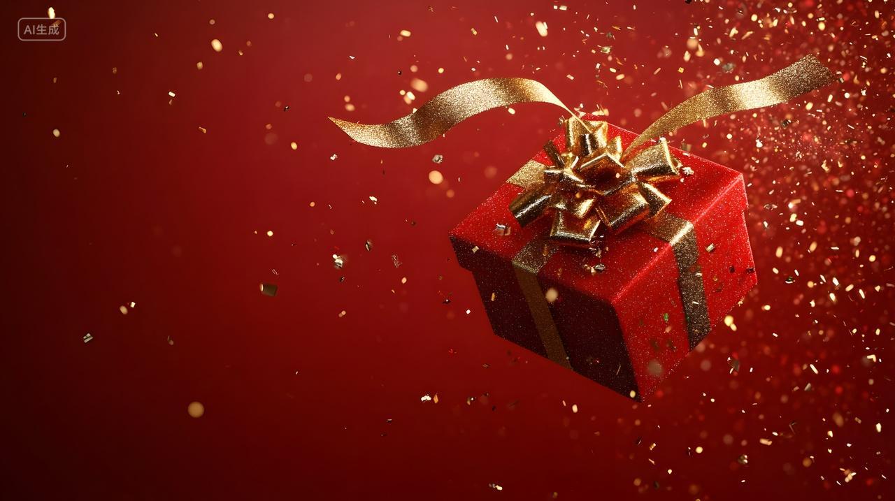 飘舞金色缎带装饰的红色礼物盒节日场景