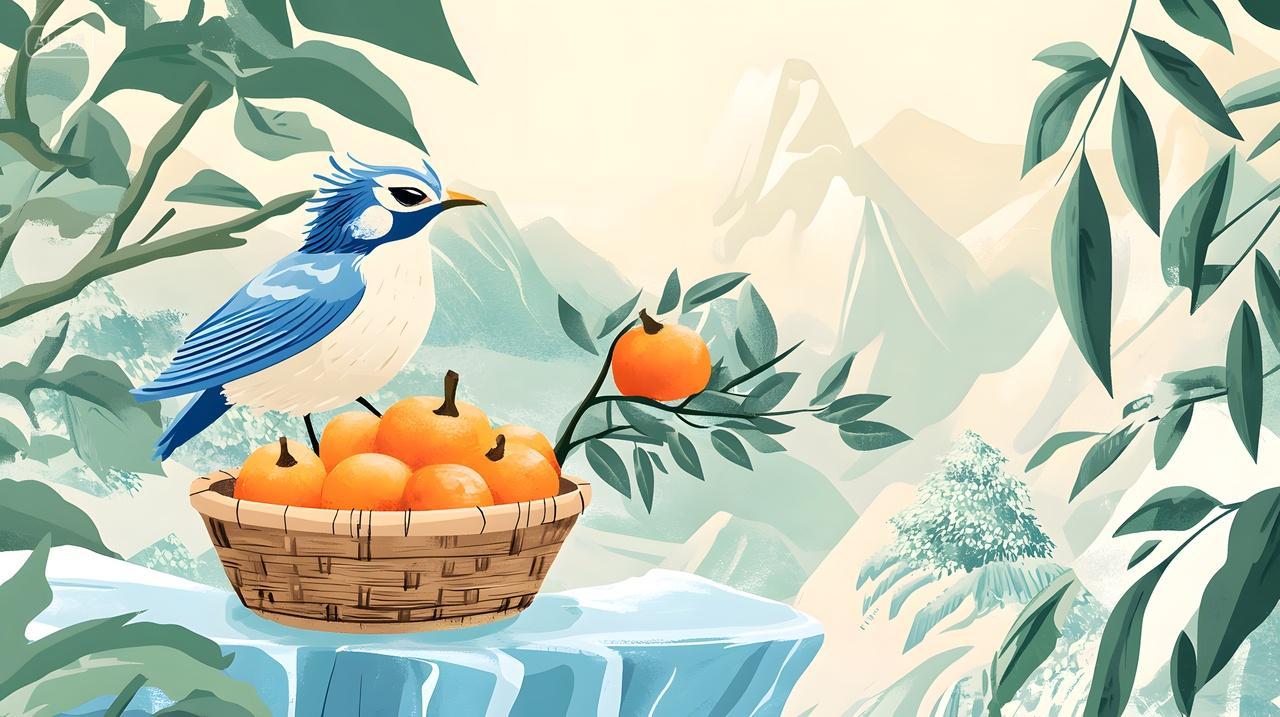 山林间篮中柿子与蓝色小鸟插画
