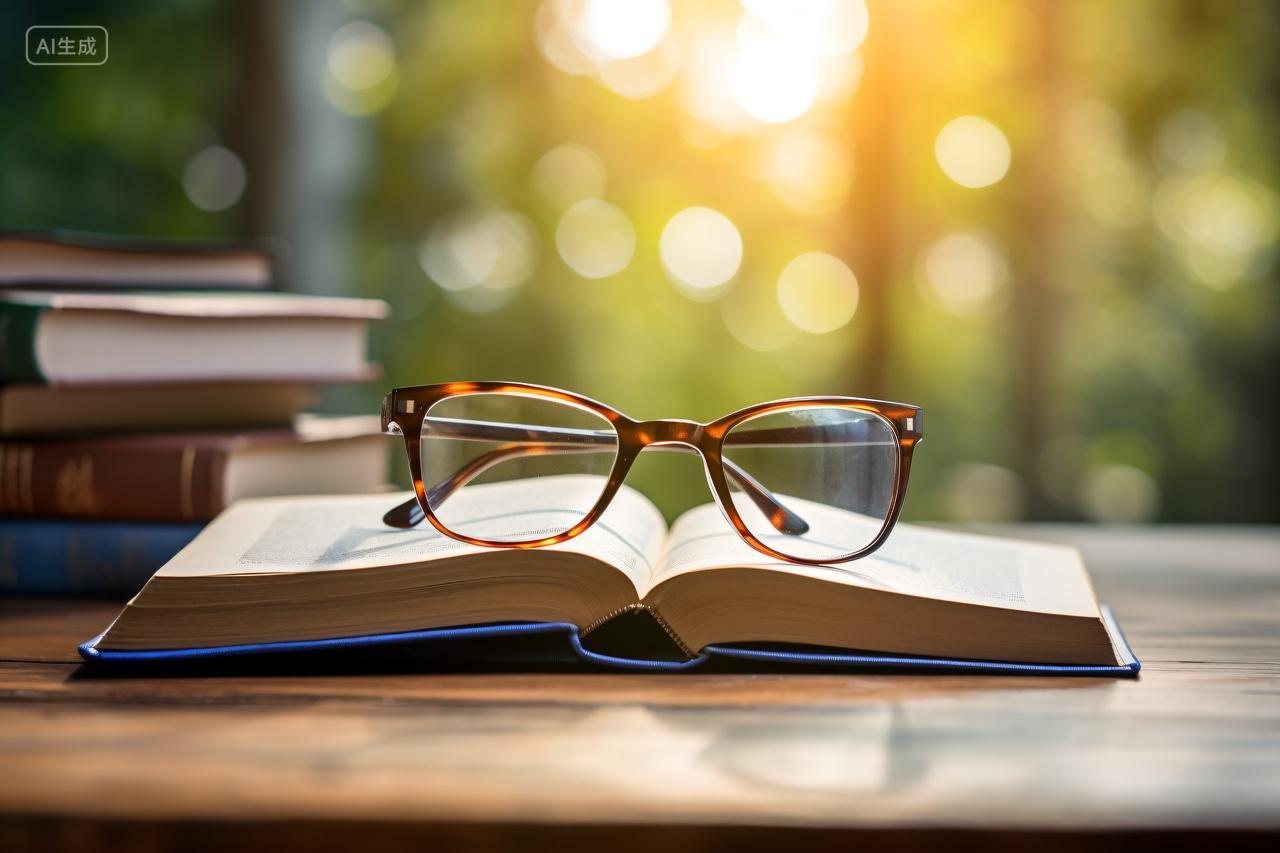 耀斑模糊背景上的书本和眼镜