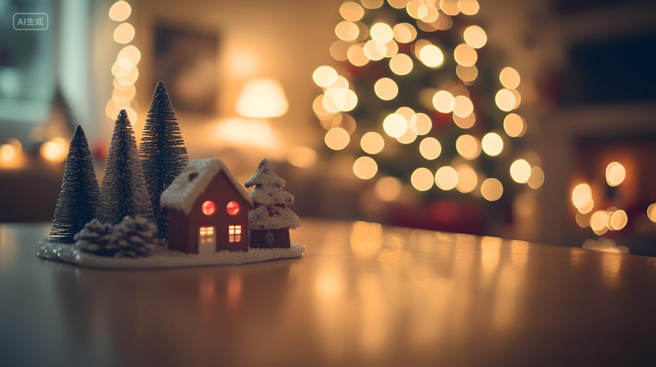 温馨灯光下的圣诞小屋与圣诞树节日场景