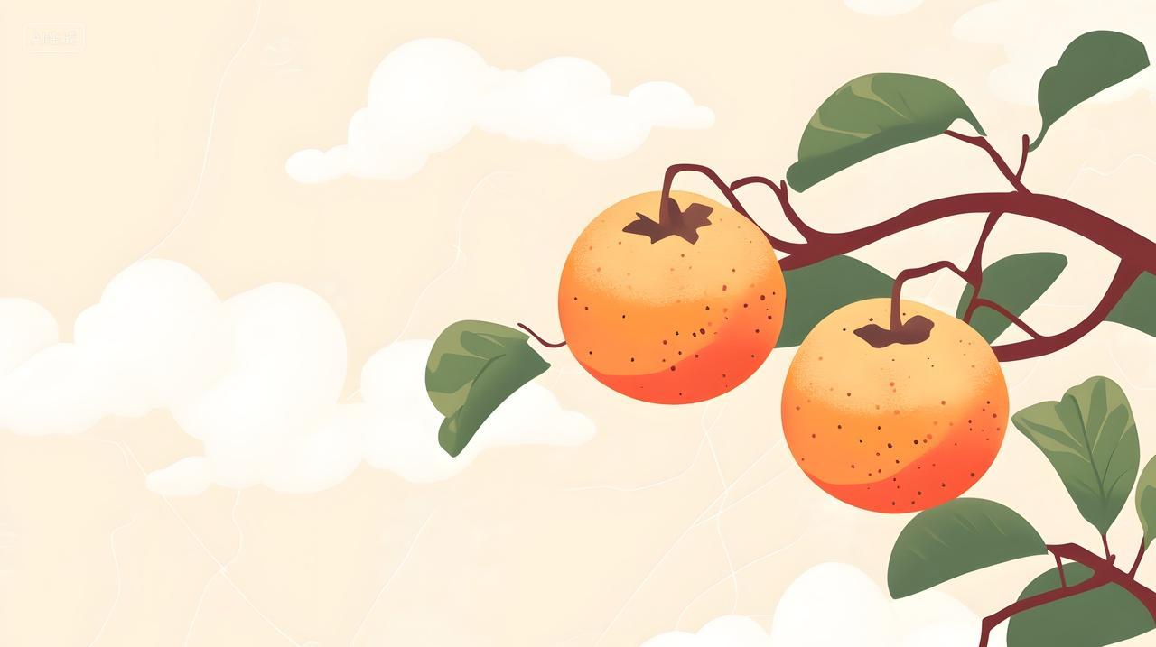 插画风格柿子枝头秋季氛围