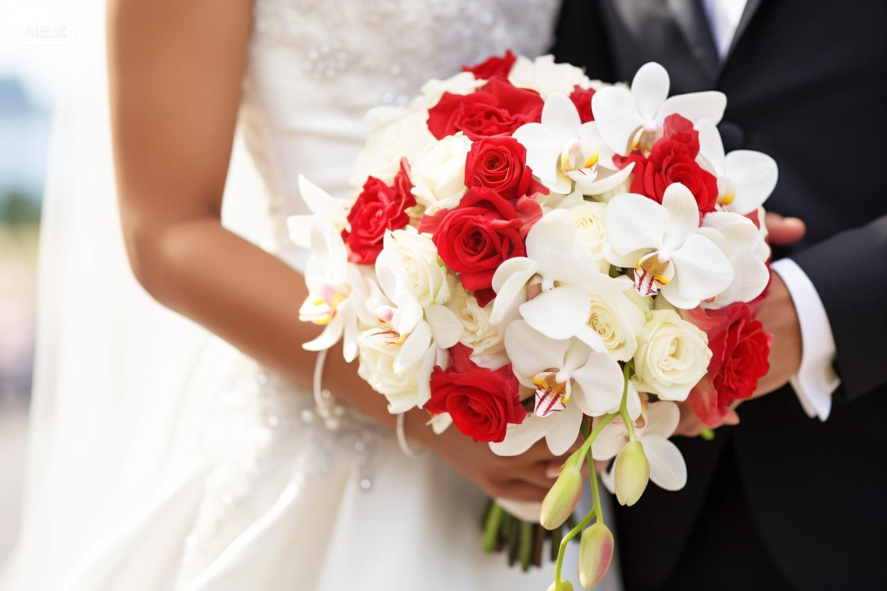 手拿手捧花的新娘新郎婚纱摄影