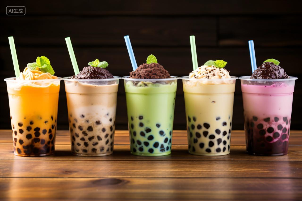 桌子上的各种珍珠奶茶饮品宣传